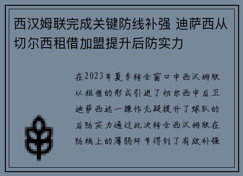 西汉姆联完成关键防线补强 迪萨西从切尔西租借加盟提升后防实力 西汉姆联完成关键防线补强 迪萨西从切尔西租借加盟提升后防实力